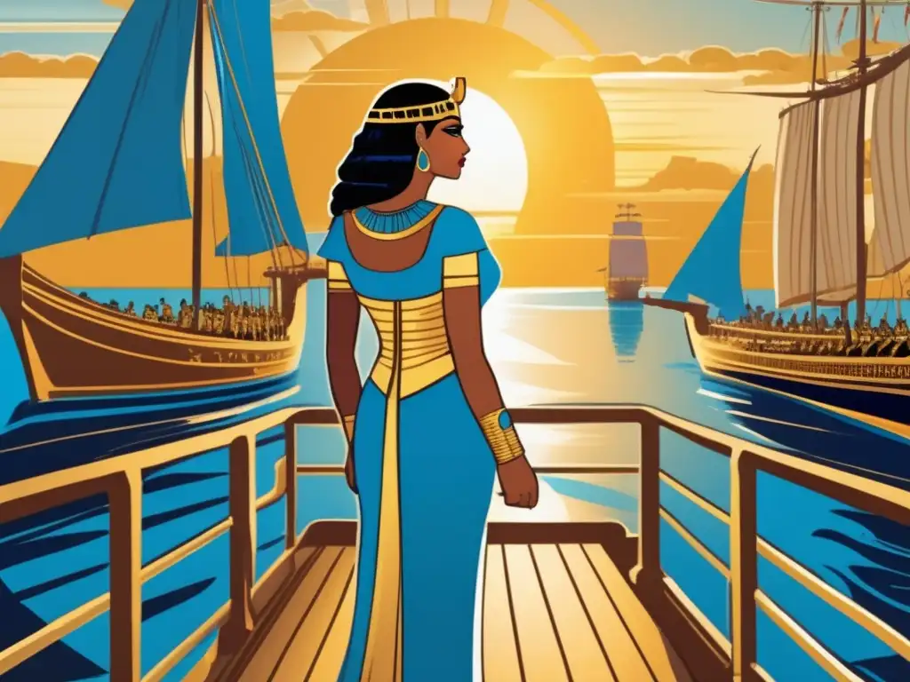 La imponente Cleopatra VII liderando su flota de galeras de guerra en el Nilo, reflejando el sol dorado