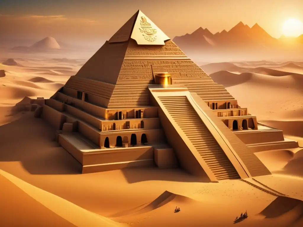 Imponente fortaleza egipcia antigua emerge en el desierto con técnicas defensa fortificaciones Antiguo Egipto, bajo un cielo dorado