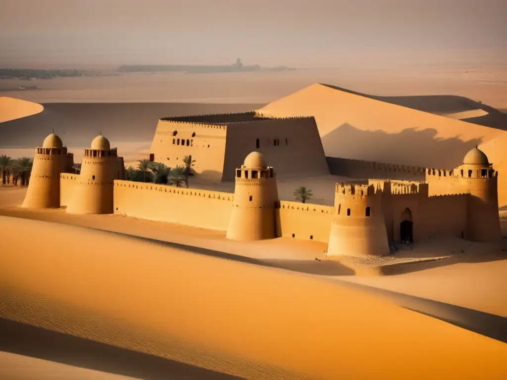 Imponente fortaleza de Qasr elSagha en el desierto egipcio, resalta la arquitectura militar del Antiguo Egipto en un paisaje dorado y nostálgico