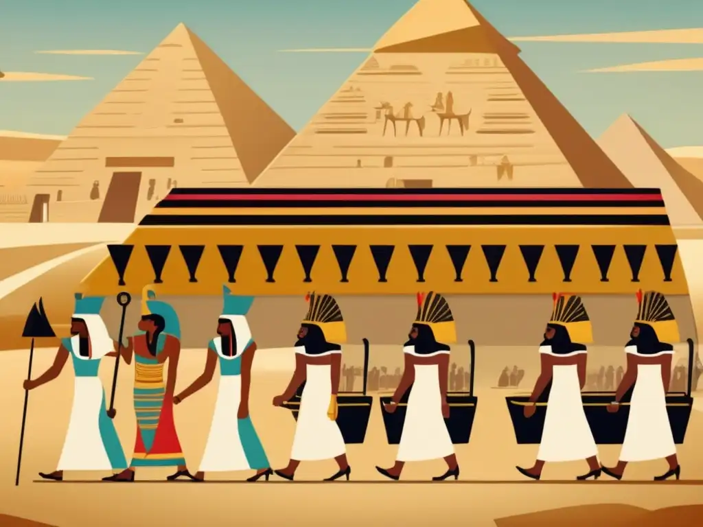 Imponente procesión funeraria del Imperio Nuevo Egipto, resaltando la arquitectura funeraria con pirámides y tumbas alineadas en el Nilo
