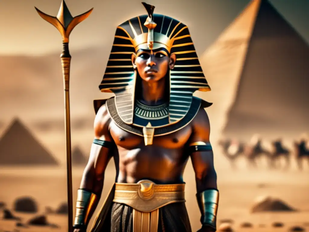 Imponente guerrero egipcio del Antiguo Egipto, lanzador de jabalinas, en medio de una batalla feroz