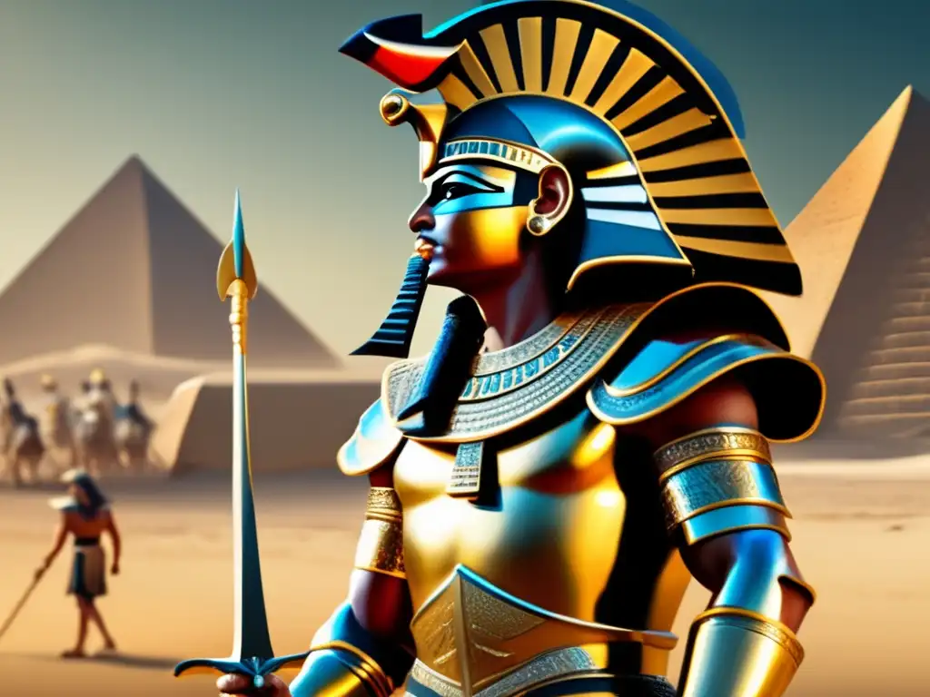 Imponente guerrero egipcio con armadura dorada y grabados jeroglíficos