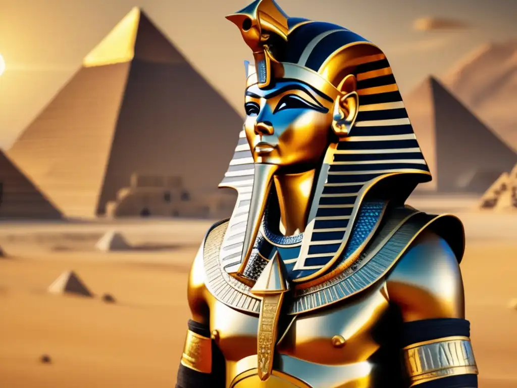 Imponente guerrero egipcio, armadura adornada con jeroglíficos y oro, destaca frente a majestuosas pirámides