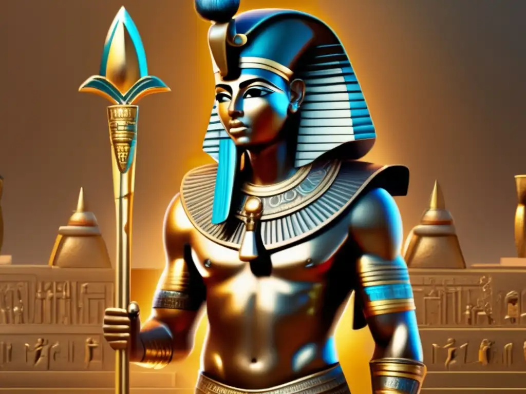 Imponente guerrero egipcio en armadura de bronce, sostiene una lanza dorada