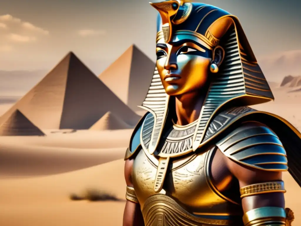 Imponente guerrero egipcio en un desierto, con armadura de bronce y cuero adornada con jeroglíficos