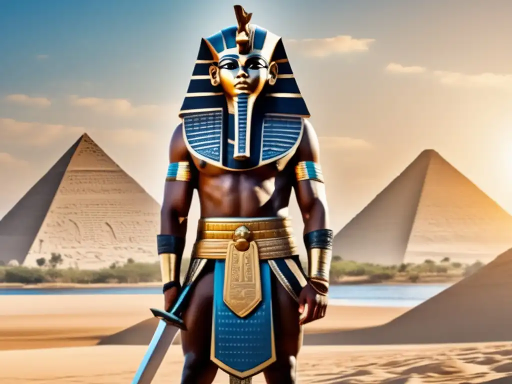 Imponente guerrero egipcio en las orillas del Nilo, con armadura y espada mediterránea