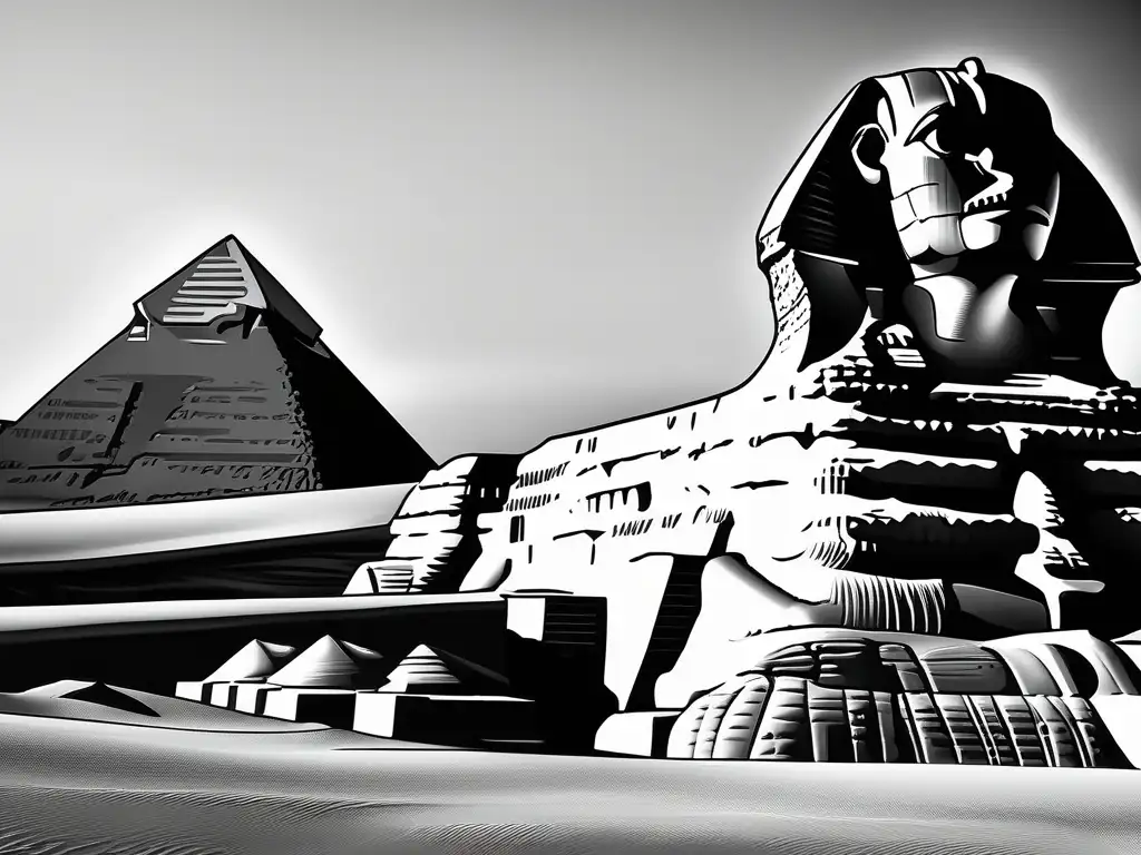 Imponente imagen en blanco y negro de la Gran Esfinge de Giza, con las pirámides de fondo