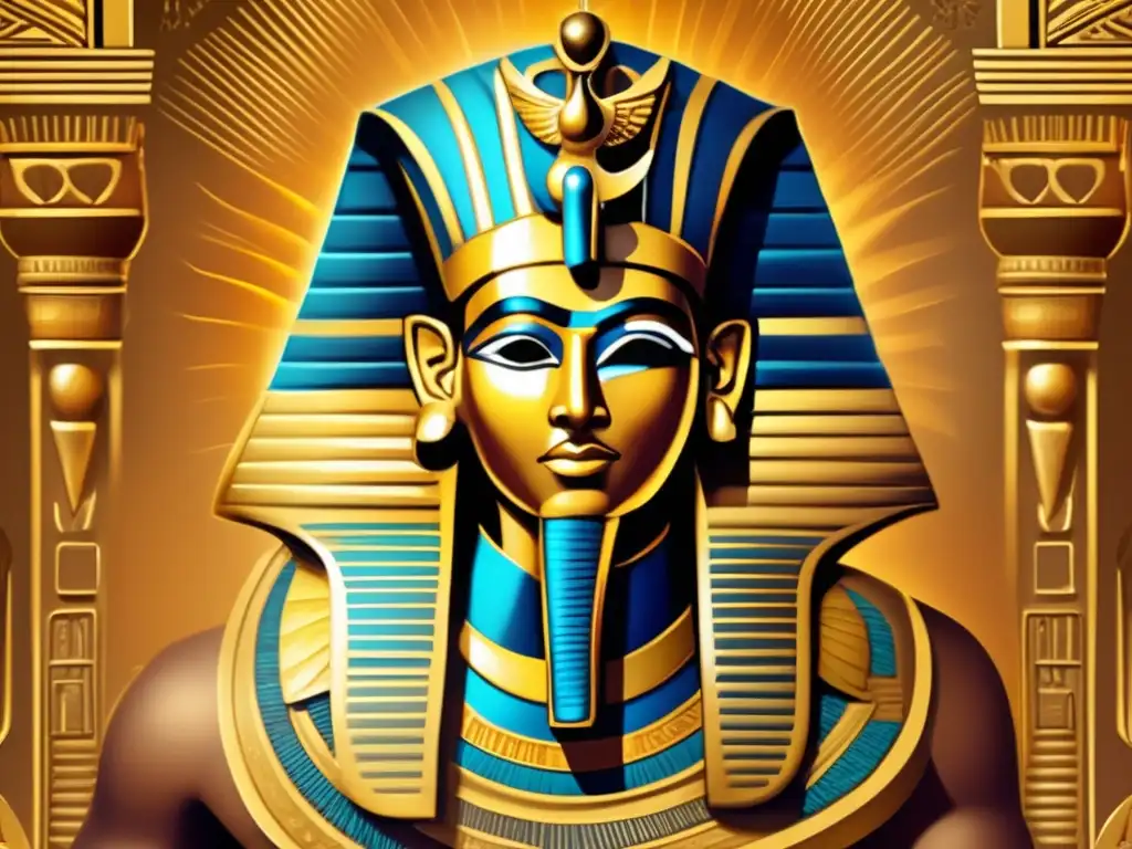 Imponente imagen estilo vintage del dios sol Ra, con cabeza de halcón, en un trono dorado