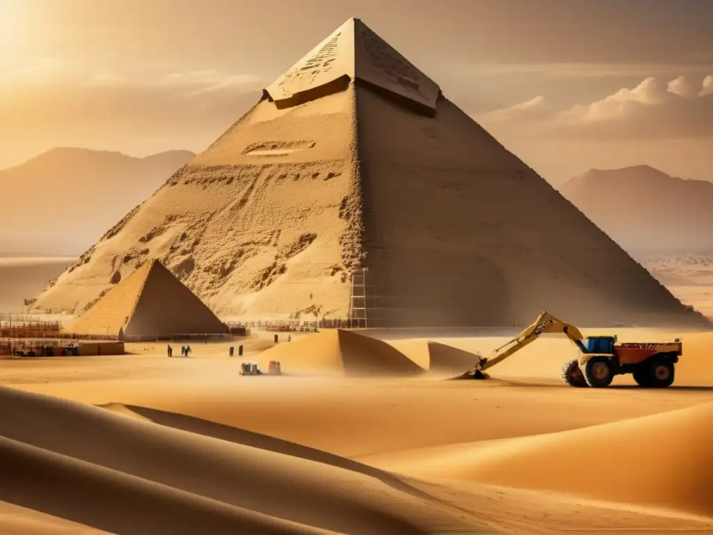 Imponente imagen de la Gran Pirámide de Giza en construcción, rodeada de un desierto egipcio milenario