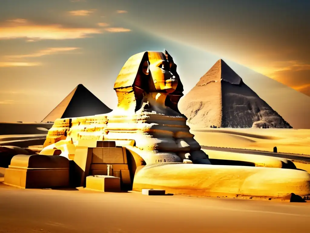 Imponente imagen de la icónica Gran Esfinge de Giza y las majestuosas pirámides en el fondo