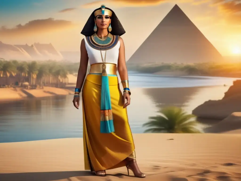 Imponente imagen en 8k de una mujer egipcia antigua con vestimentas tradicionales, joyas de oro y el río Nilo de fondo