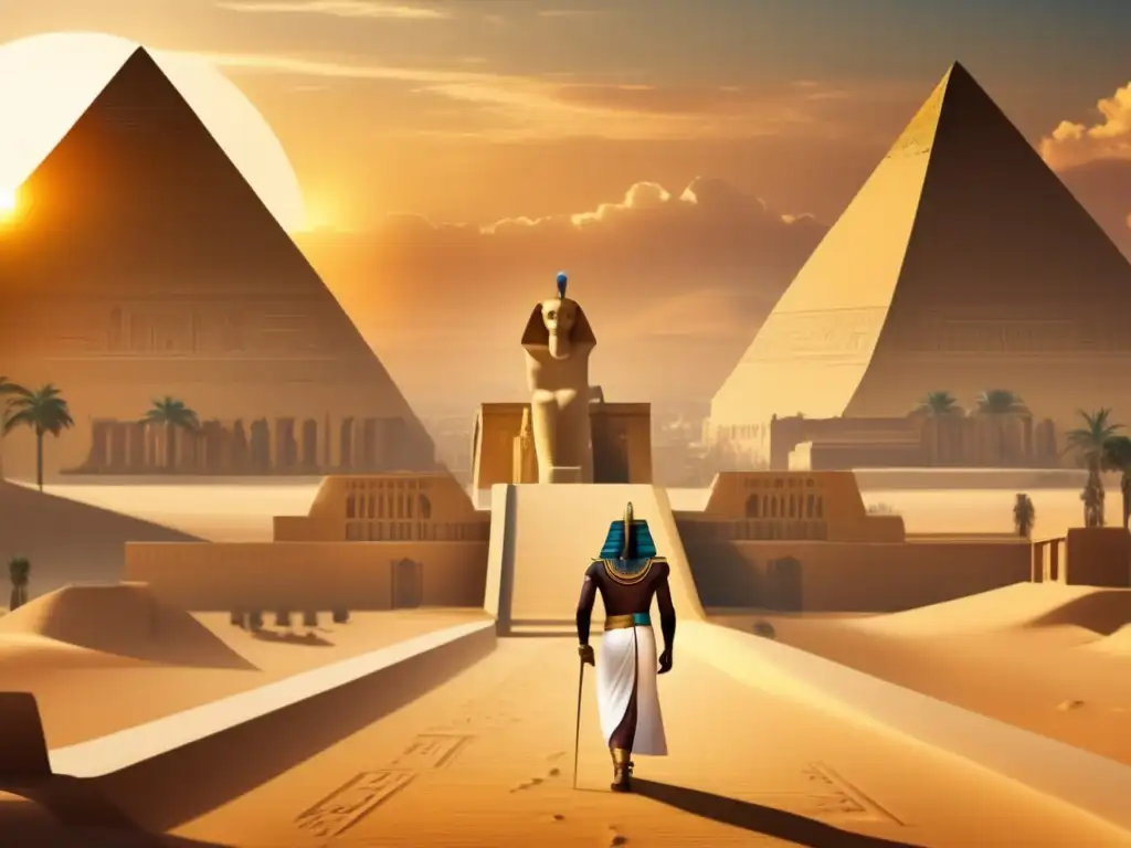 Imponente imagen del faraón Thutmose III rodeado de la grandeza de la arquitectura egipcia, con las campañas militares como trasfondo histórico