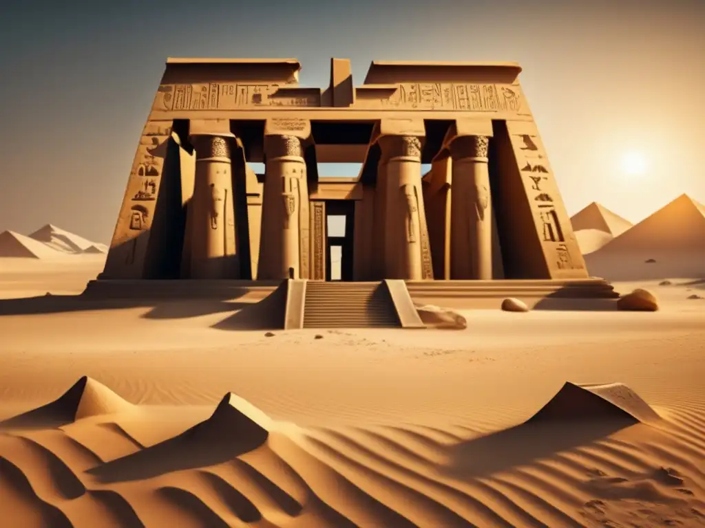 Imponente imagen de las ruinas de un antiguo templo egipcio en sepia