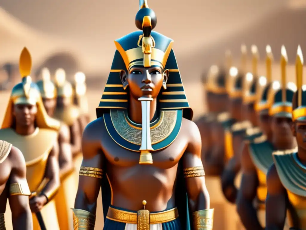 Imponente imagen en 8k de Thutmose III, el faraón guerrero, rodeado de su ejército en formación perfecta en un paisaje desértico