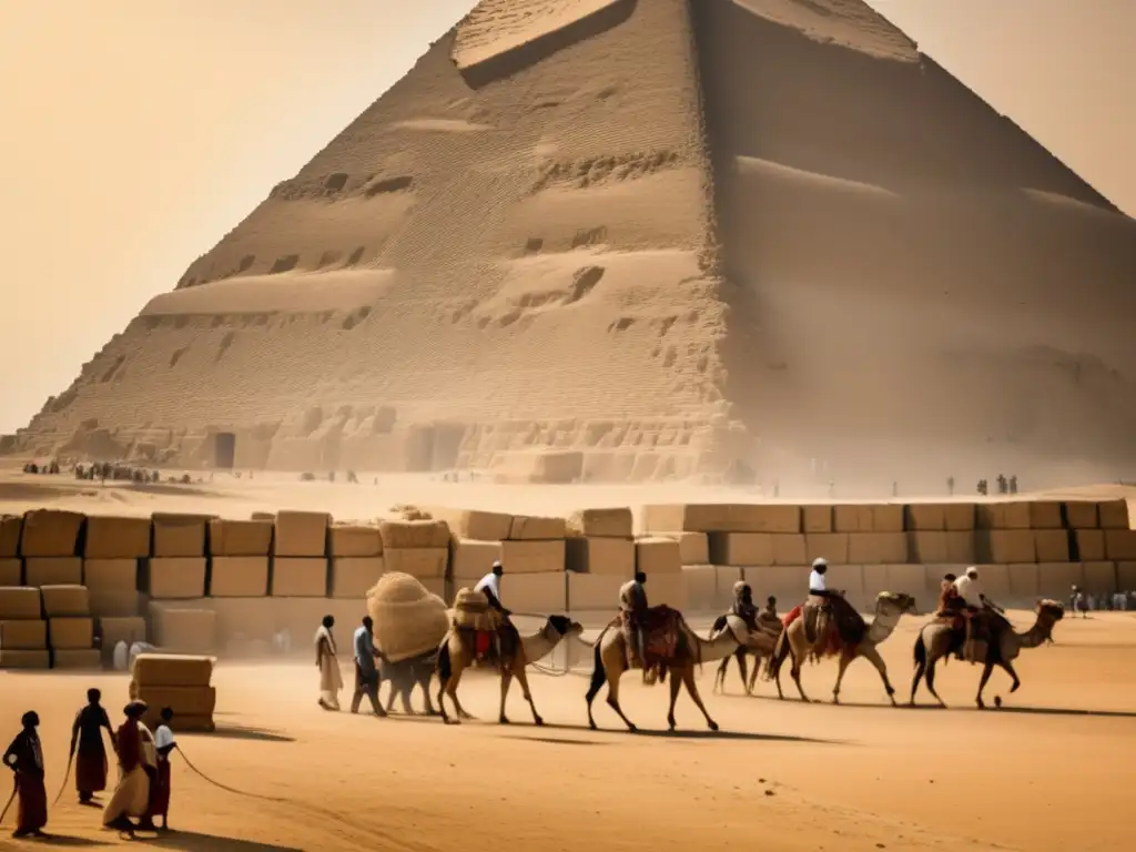 Imponente imagen vintage de la construcción de la Gran Pirámide de Giza en el antiguo Egipto, destacando el impacto social de esta monumental obra