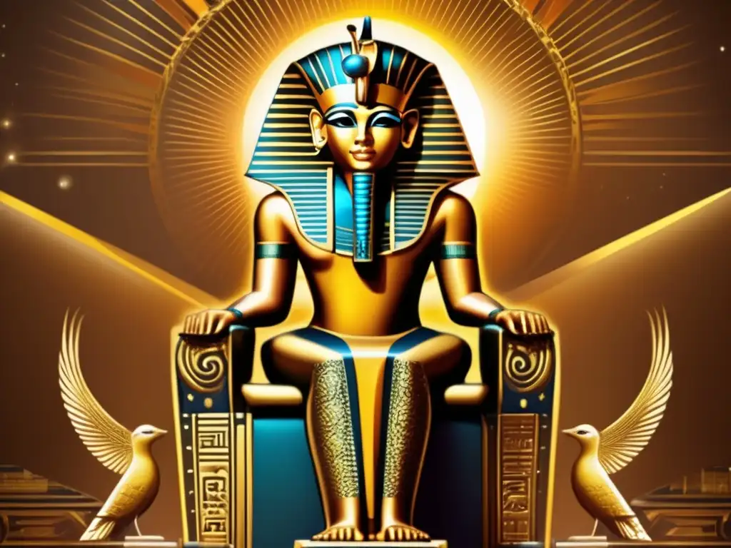 Imponente imagen vintage del dios egipcio Ra, sentado en un trono dorado rodeado de un resplandor celestial
