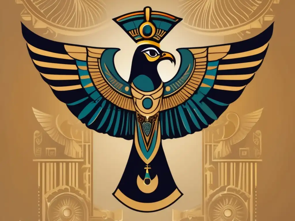 Imponente imagen vintage del dios egipcio Horus, símbolo de protección y poder, con cabeza de halcón y tocado real adornado con el Ojo de Horus