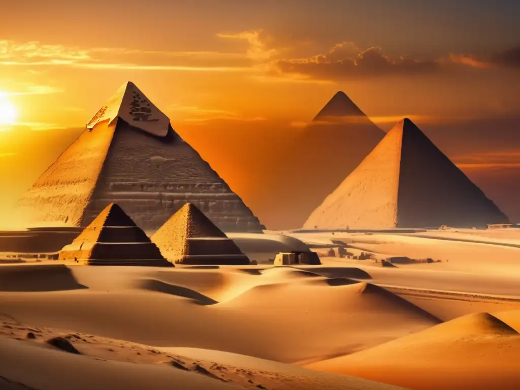 Imponente imagen vintage de las pirámides de Giza en Egipto, iluminadas por el sol poniente