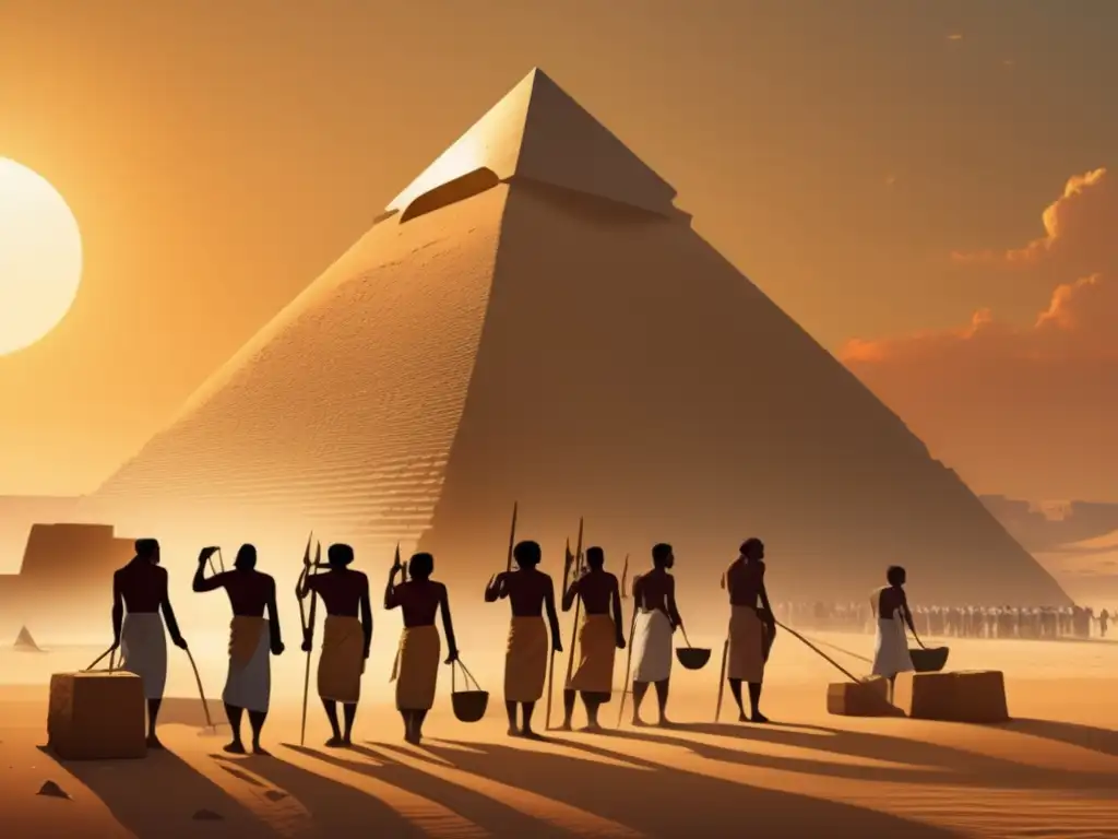 Imponente imagen vintage en 8k que retrata a roles de esclavos en construcción egipcia bajo el sol abrasador