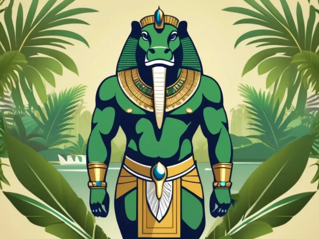 Sobek, el dios egipcio de la fertilidad y protección, en un estilo vintage Imponente imagen vintage de Sobek, dios egipcio de la fertilidad y protección, en las orillas del río Nilo