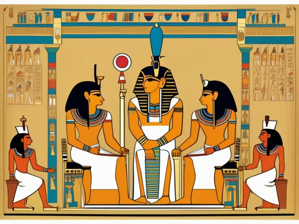 Imponente jerarquía administrativa en el Antiguo Egipto: el faraón en trono rodeado de oficiales y símbolos de poder
