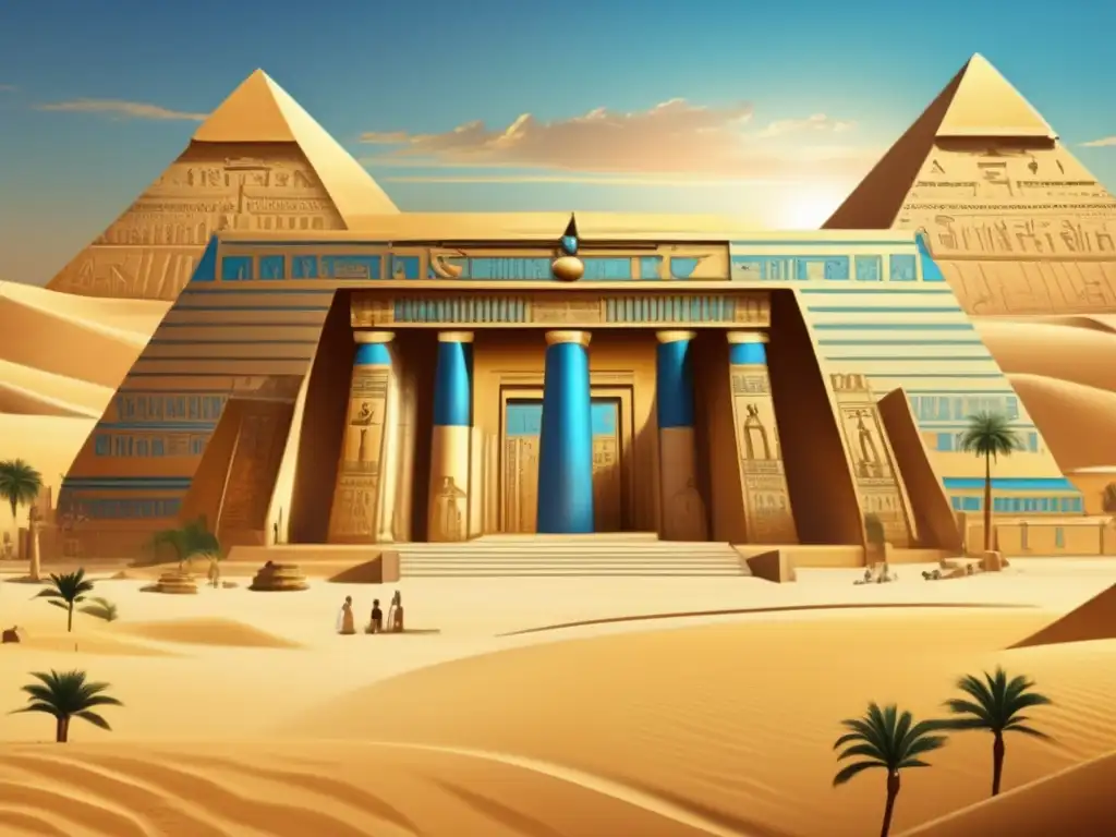 El imponente legado de Imhotep en arquitectura y medicina, entre jeroglíficos y cielo azul, evoca nostalgia y reverencia