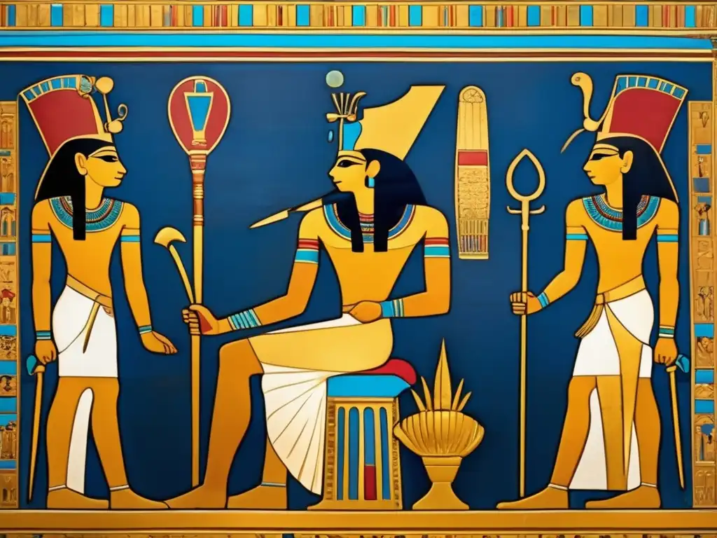 Imponente mural egipcio que muestra a un faraón en su trono dorado, rodeado de iconografía real decoración Antiguo Egipto