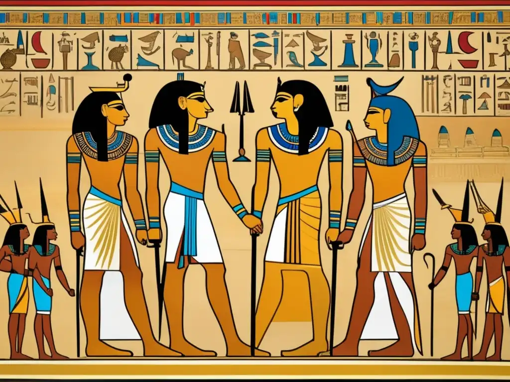 Imponente mural egipcio muestra a Ramsés II y Horemheb, juntos en un gran salón con jeroglíficos intrincados