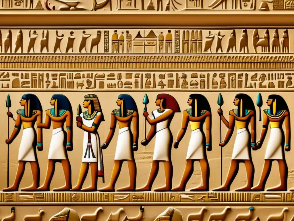 Imponente muro de un antiguo templo egipcio, con detallados relieves que muestran procesiones de faraones y figuras reales