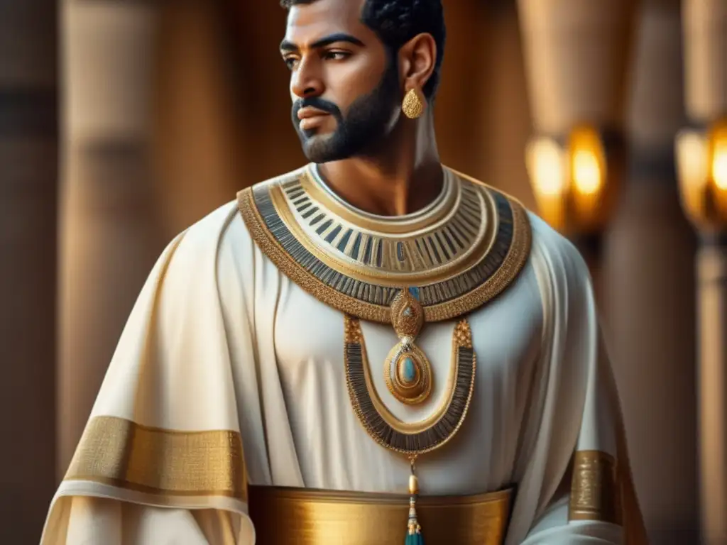 Imponente noble egipcio de la antigüedad, ataviado con elegante indumentaria masculina en Egipto antiguo, sostiene pergamino