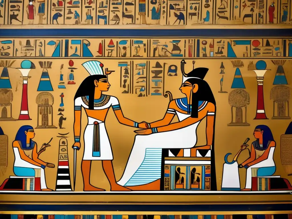 Imponente pintura mural egipcia antigua, con un faraón en un trono rodeado de símbolos de poder