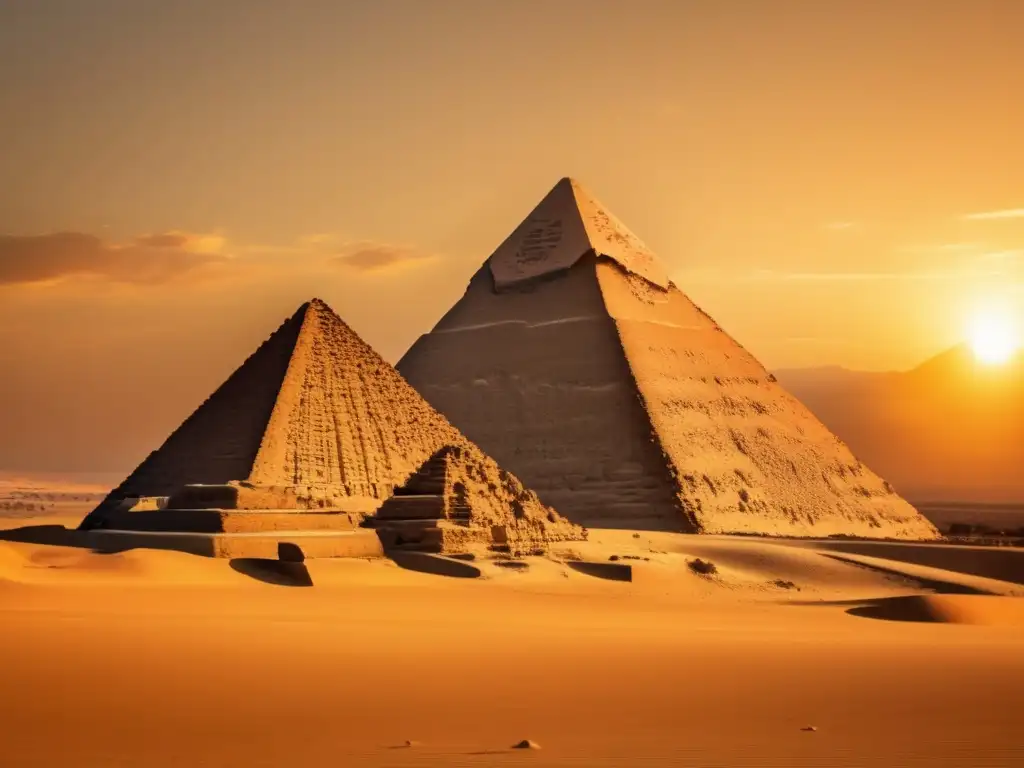 La imponente pirámide antigua, bañada en cálida luz dorada del atardecer