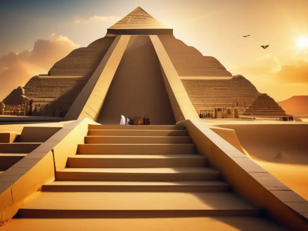 Una imponente rampa de piedra serpentea por la pirámide egipcia, bañada por la luz dorada del sol