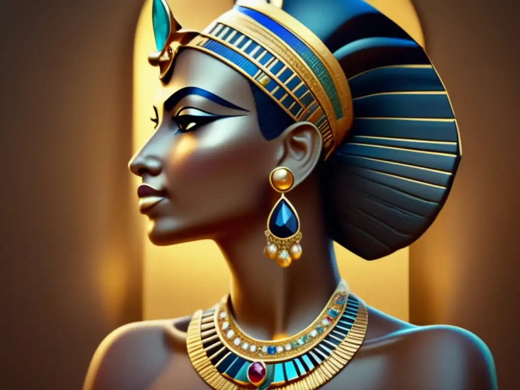 Imponente reina egipcia con joyas exquisitas y poderosas