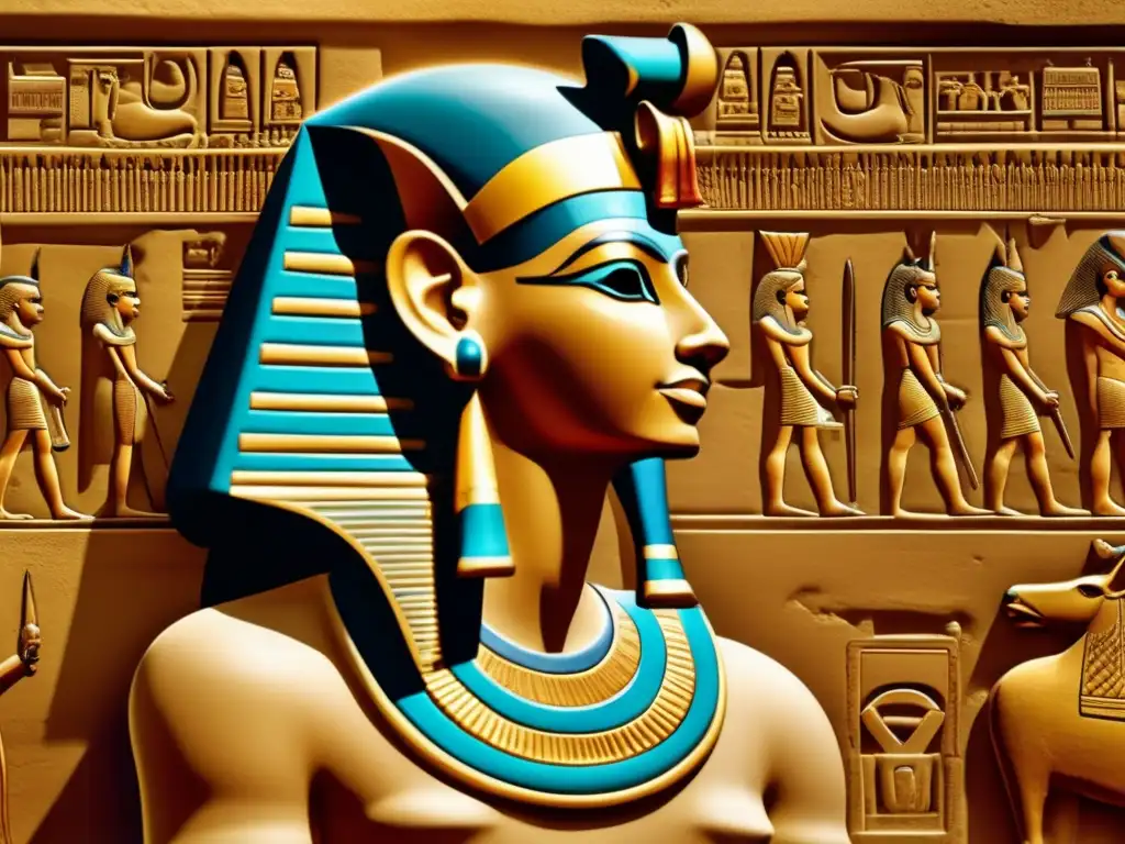 Imponente relieve egipcio antiguo de un faraón en perfil