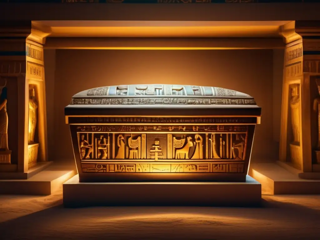Imponente sarcófago adornado en una cámara funeraria iluminada tenue