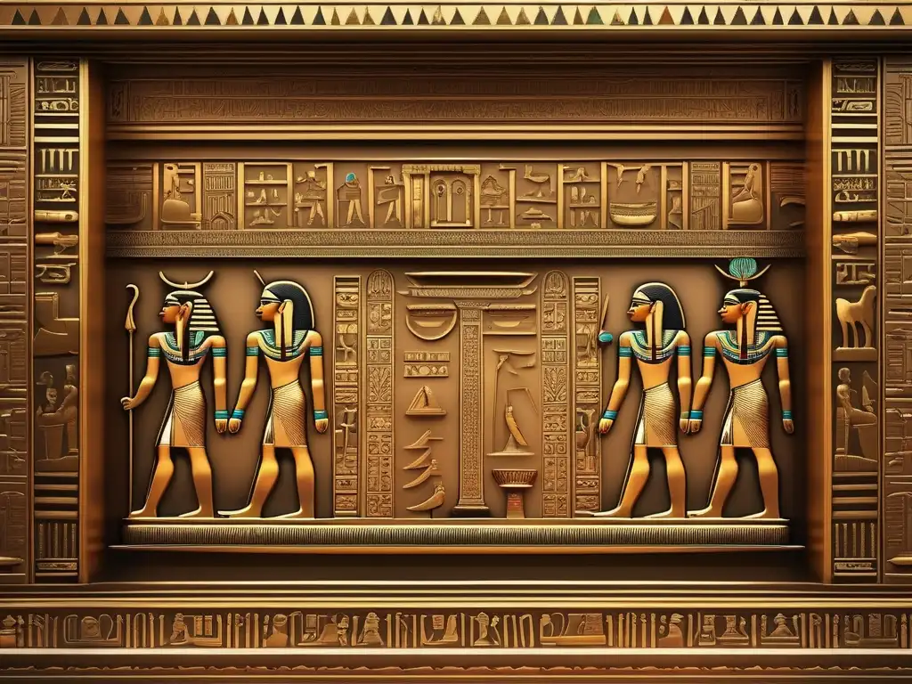 Imponente sarcófago egipcio del Periodo Tardío, detallado en 8K con bellas decoraciones y una cálida estética vintage