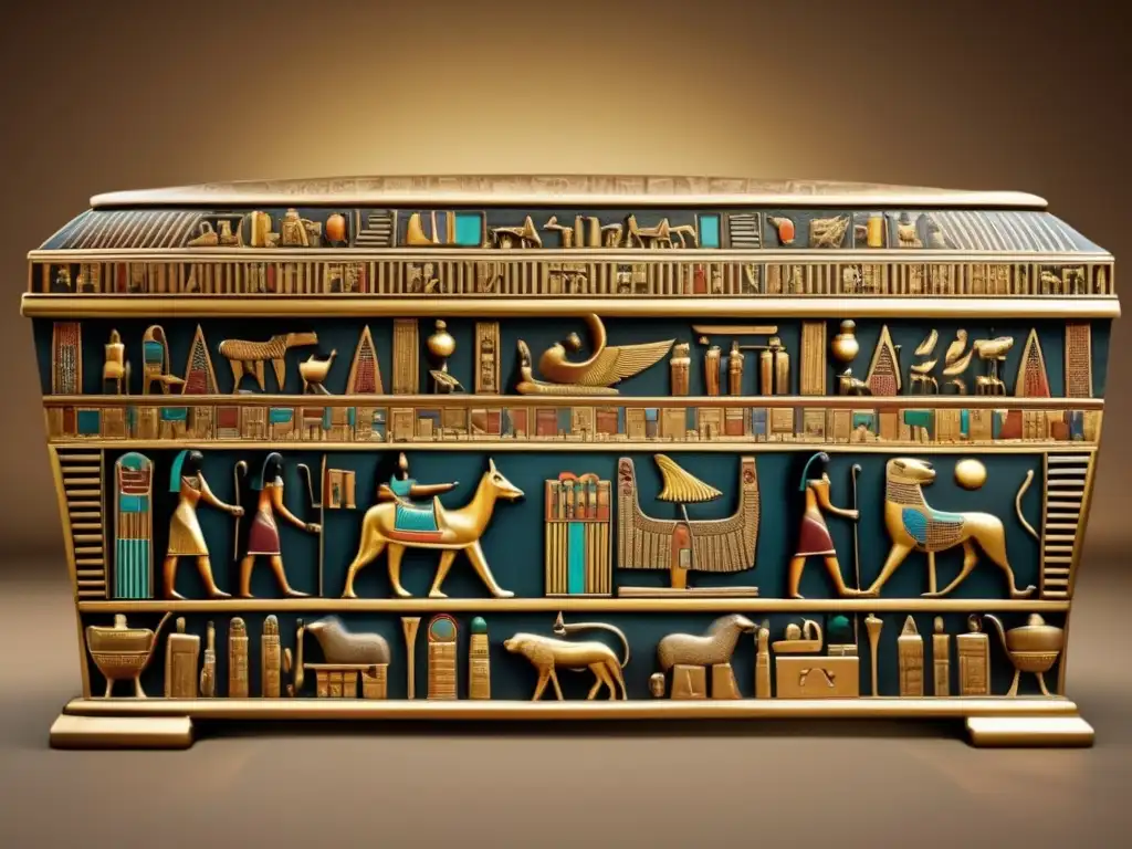 Imponente sarcófago egipcio del Periodo Tardío, con tallados y jeroglíficos detallados