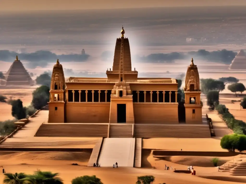 Imponente templo en desierto egipcio durante el Primer Periodo Intermedio, reflejando cambios en el culto egipcio
