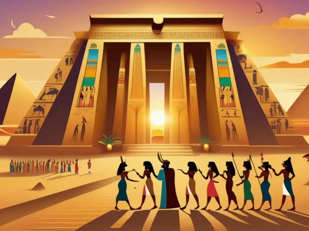 Un imponente templo egipcio adornado con jeroglíficos y murales coloridos