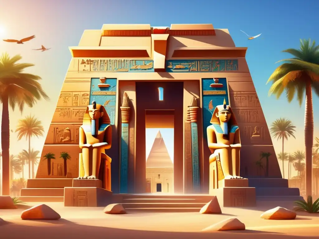 Imponente templo egipcio antiguo con jeroglíficos tallados, bañado en cálida luz dorada