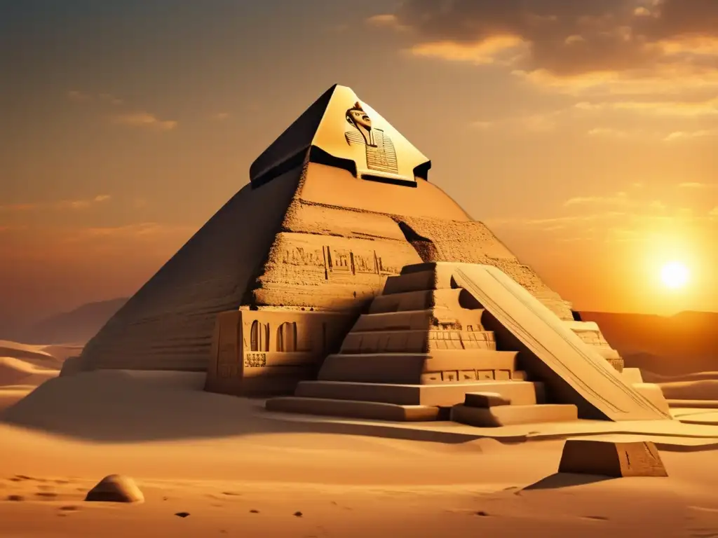 Imponente templo egipcio al atardecer dorado, con jeroglíficos y enigma Hicsos Imperio Medio