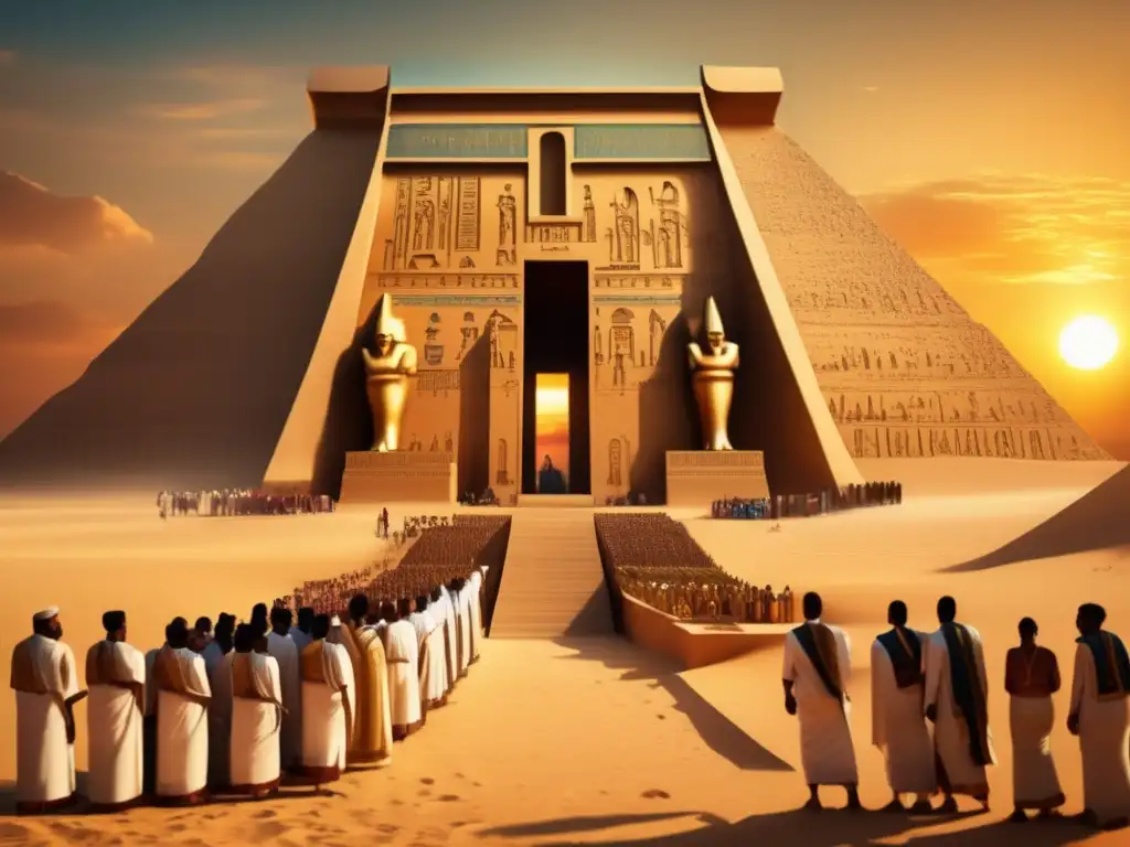 Imponente templo egipcio al atardecer, con ritos de conmemoración al nacimiento de los dioses egipcios