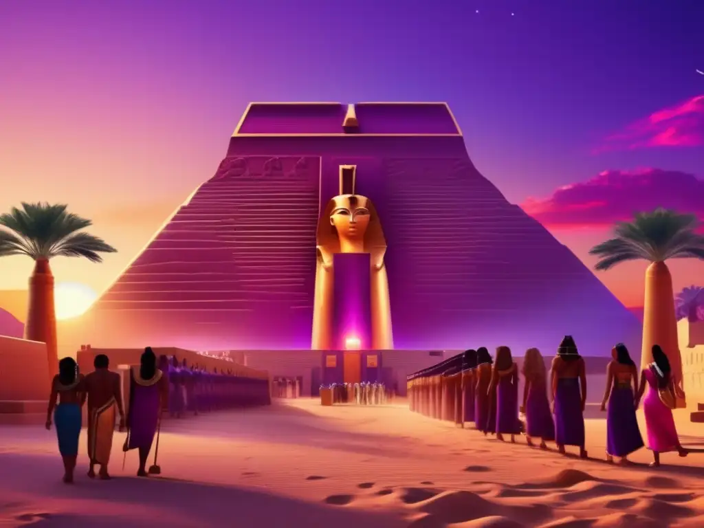 Imponente templo egipcio al atardecer, adorado por fieles vestidos de forma tradicional