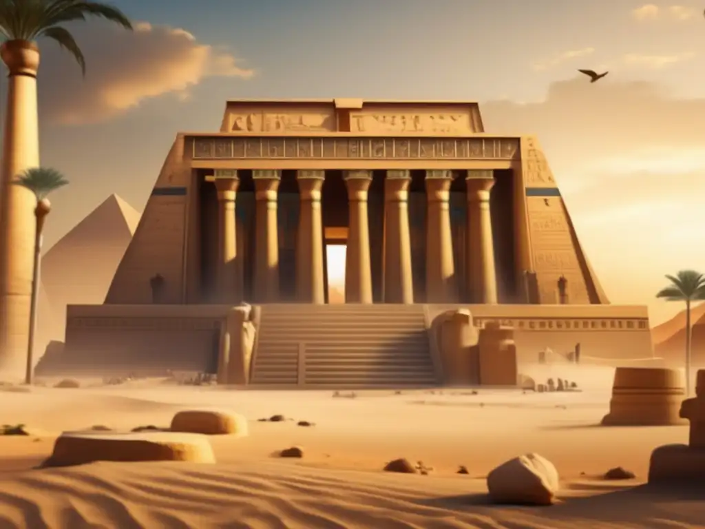 Imponente templo egipcio con evolución del capitel en Egipto, cautivando con sus detallados grabados y columnas adornadas