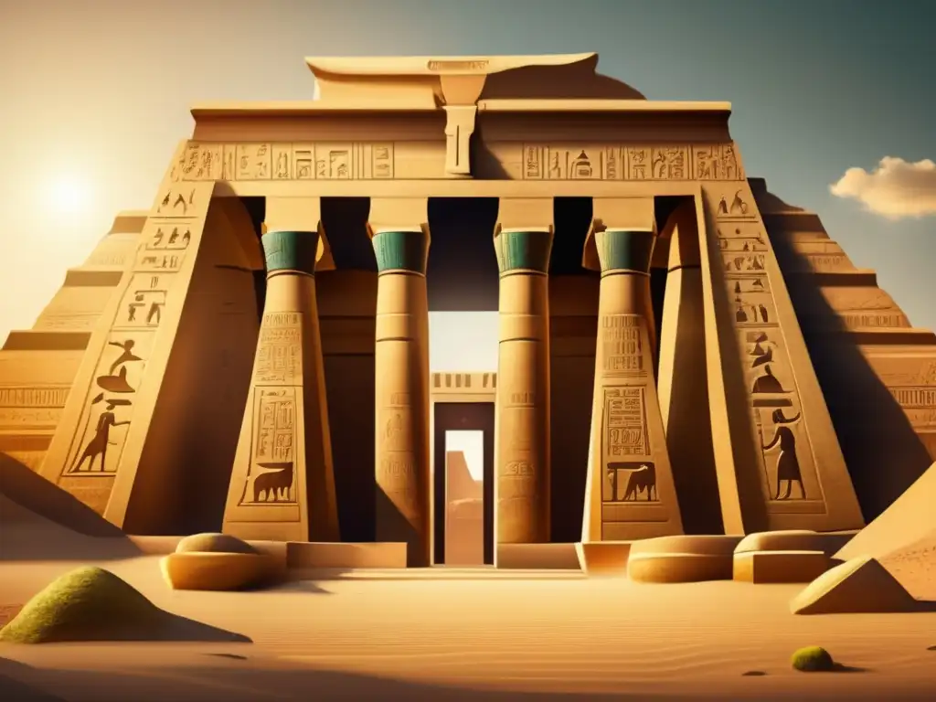 Imponente templo egipcio dedicado al dios Ra, bañado en cálida luz dorada