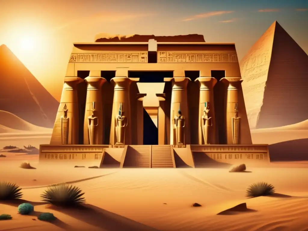 Templo egipcio antiguo: majestuosidad y misterio en el desierto Imponente templo egipcio en el desierto, con murales vibrantes y columnas de piedra desgastadas