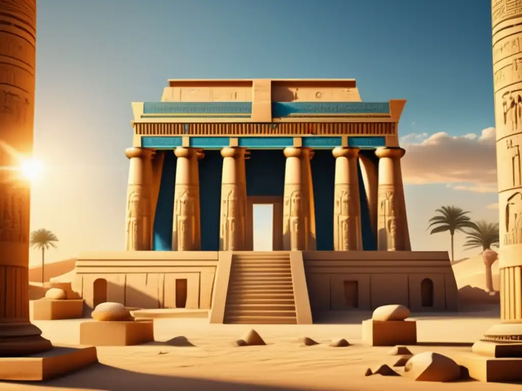 Imponente templo egipcio con detalles de mármol y columnas, bañado por el cálido sol dorado