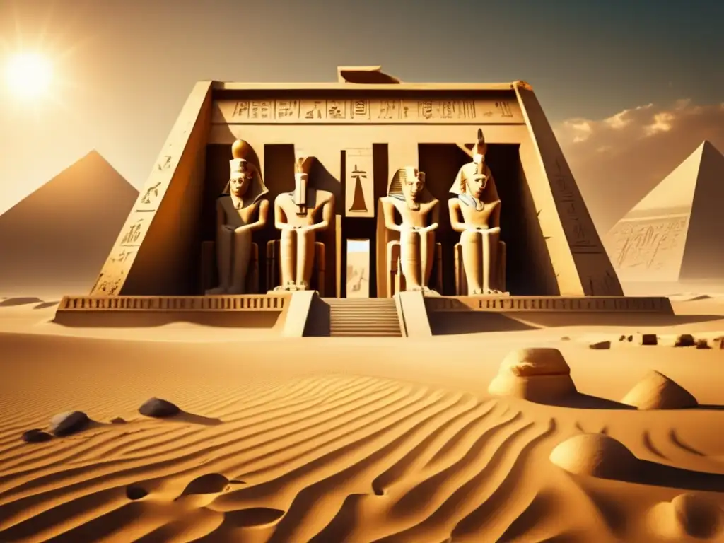 Imponente templo egipcio en medio del desierto, con jeroglíficos, columnas y estatuas de faraones