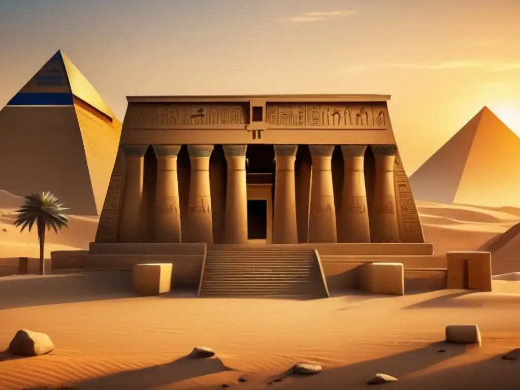 Imponente templo egipcio preservado en perfecto estado, bañado en cálida luz dorada